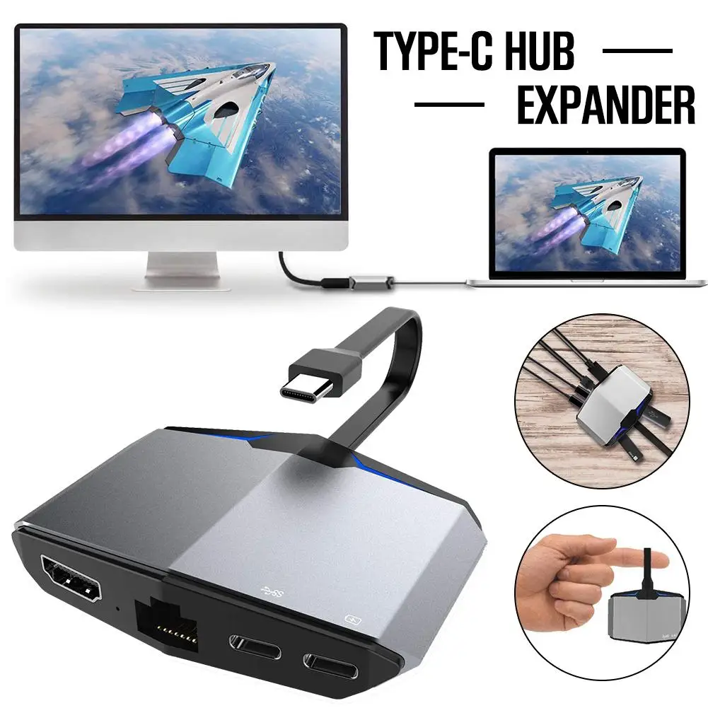 

6 in 1 C to 2USB HDMI Ethernet USBC Adapter Hub Extender for Macbook PC