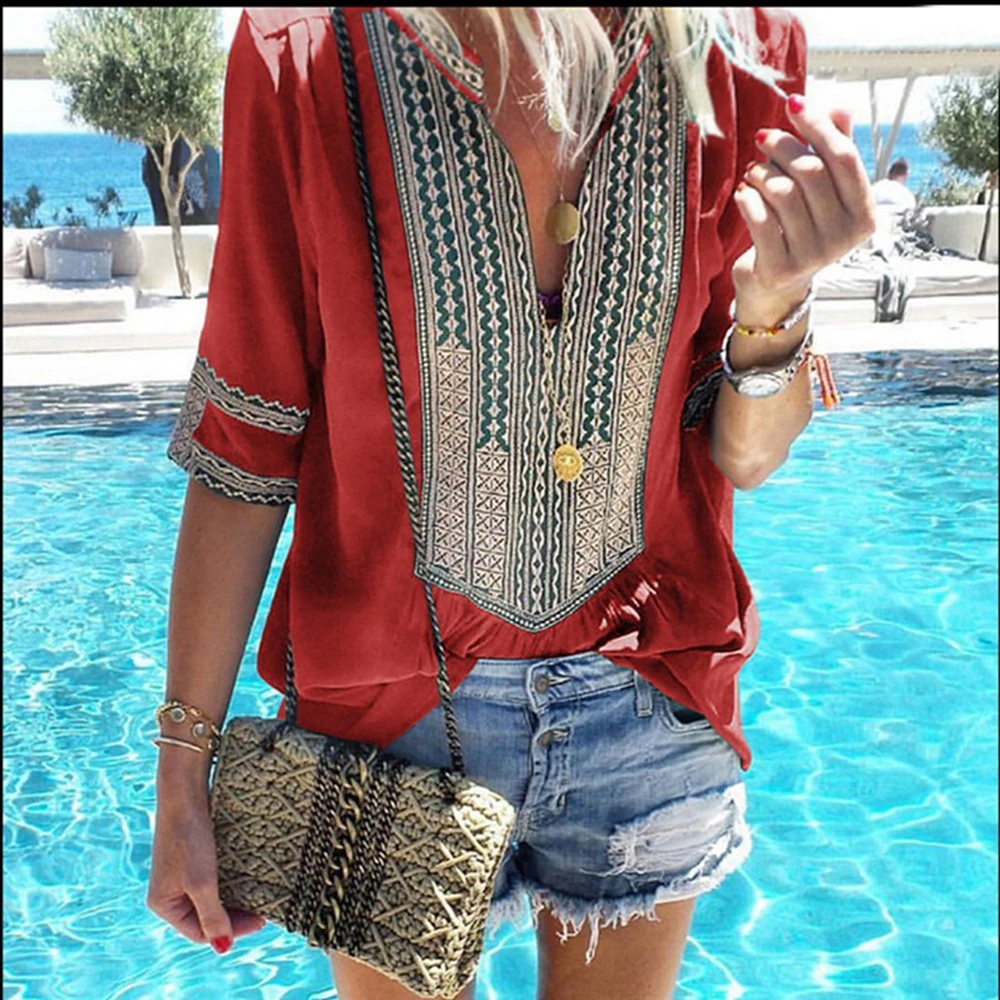 

Indie Folk Half Sleeve Appliques Patchwork Striped T-shirt Top Tee for Beach Sea Pool Travelling