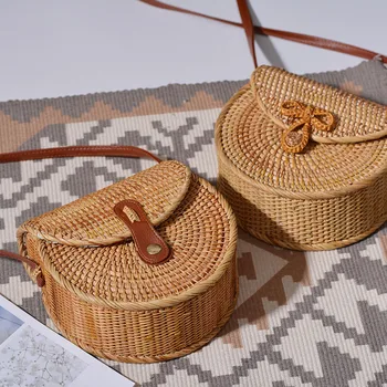

Rattan oblique cross Baosen basket basket retro art hand-woven bag PU belt