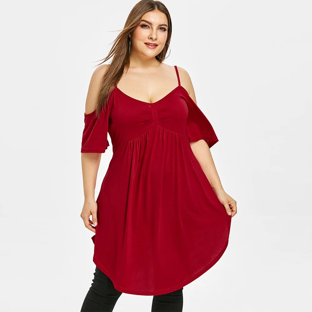 

Rosegal Asymmetrical Plus Size Open Shoulder T-shirt Sexy Spaghetti Strap Summer Fashion Top Solid Red Women T-Shirts