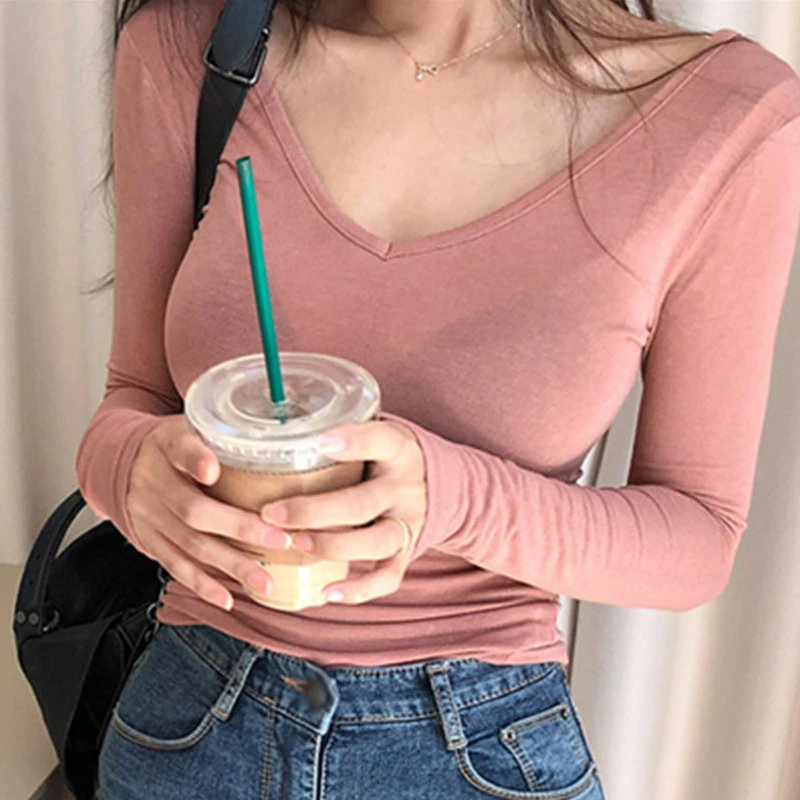 

High Quality Sexy T Shirt Women Basic T-shirts Female Casual Tops Thin V Neck Long Sleeve T-shirt Women Slim Top Spring 2019