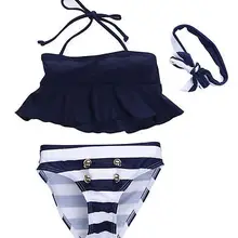 Детское бикини для маленькой девочки костюм в морском стиле, комплект одежды из 3 предметов, купальник темно-синяя полосатая повязка на голову купальники, купальный костюм Одежда для купания
