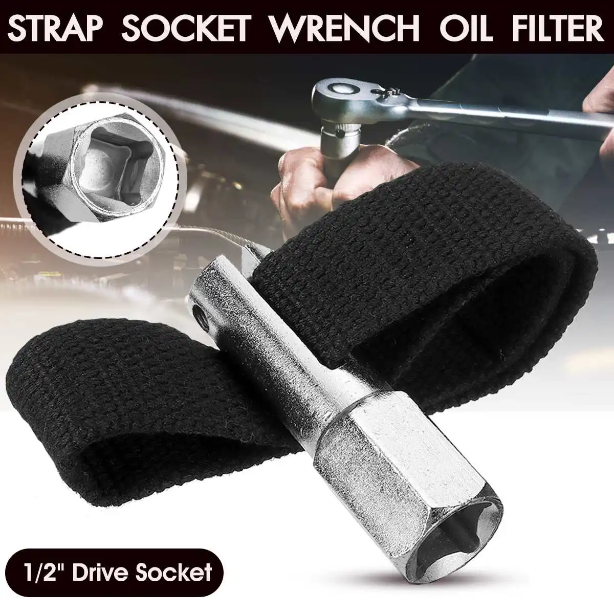 

Car 1/2" Drive Socket Oil Filter Remover Strap Wrench Tool Removal Hand Tool