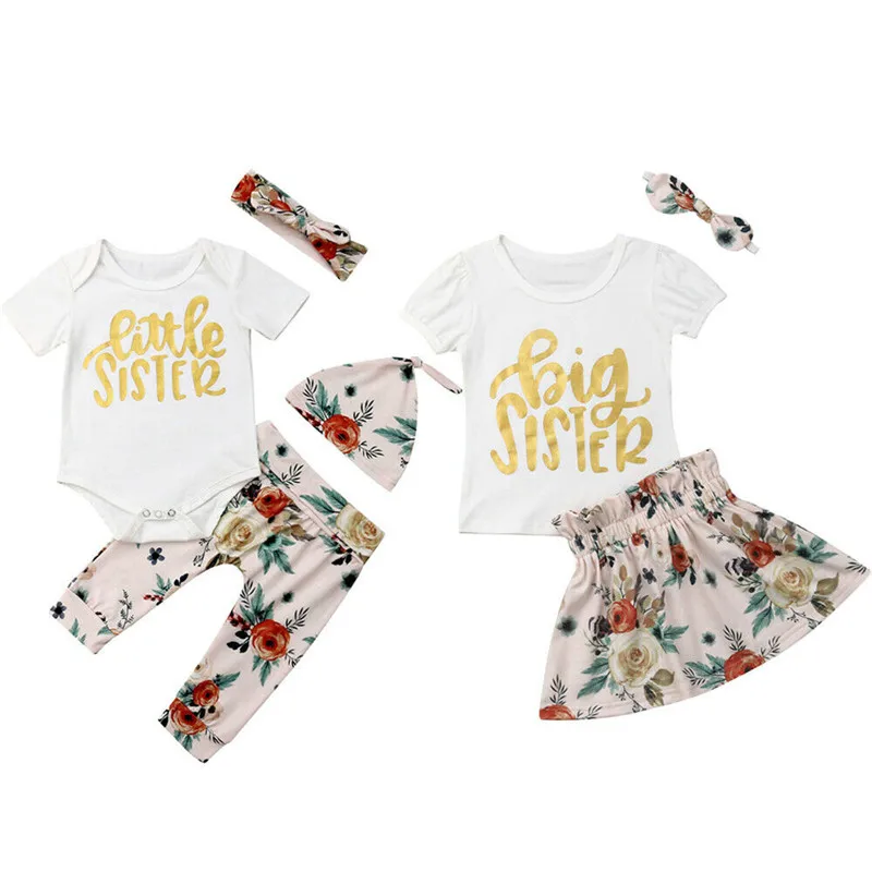 2019 Cute Kids Baby Girl Big/Little Sisters Matching Summer Sets Letter Tops+Floral Pants+Hat+Headband 3/4Pcs Outfits 0-6Y | Мать и