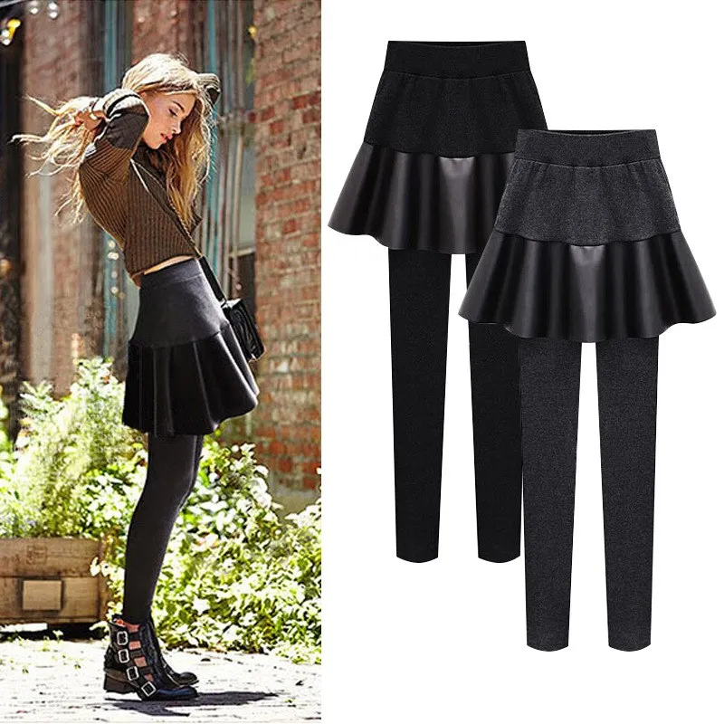 

Winter Women Plus Size Fake Two Pieces Pu Skirt Pencil Pants Solid Velvet Elastic Waist Thick Fleece Keep Warm Trousers