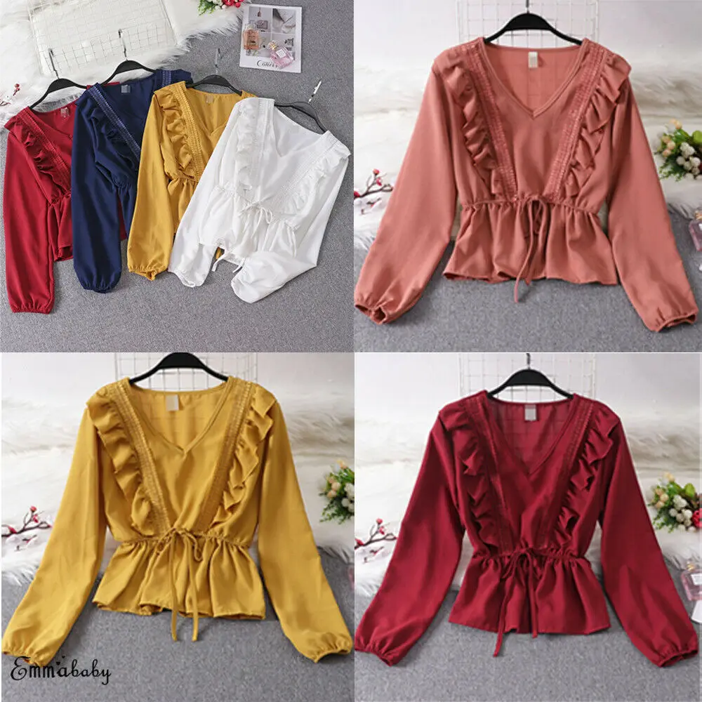 Женская блузка с v-образным вырезом, кружевная, винтажная, весенняя, летняя, однотонная, тонкая, с оборками, модная рубашка, топы, один размер, 5 цветов