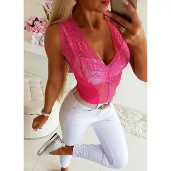 

Women Sexy Lace Bodysuits Sleeveless V Neck Bodysuits Ladies Floral Patchwork Body Top Female Club Summer Overall SJ2687C