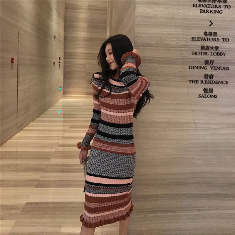 

Pengpious winter knit dress stripe wrap hip women thick calf length high waist turtle neck winter dress