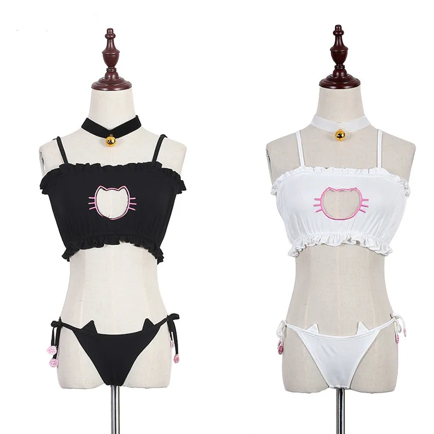 

Cute Sexy Neko Cat Open Chest Bra Set Lolita Kawaii Women Hollow Out Paws Underwears Brief Set Sexy Lingerie+bell Choker 2colors