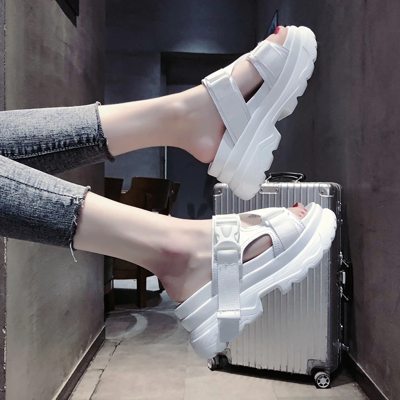 2019! sandalias blancas tacón alto con plataforma, zapatillas de deporte para mujer, de creciente cuña para la playa, zapatos planos casuales, zapatillas|Zapatillas| - AliExpress