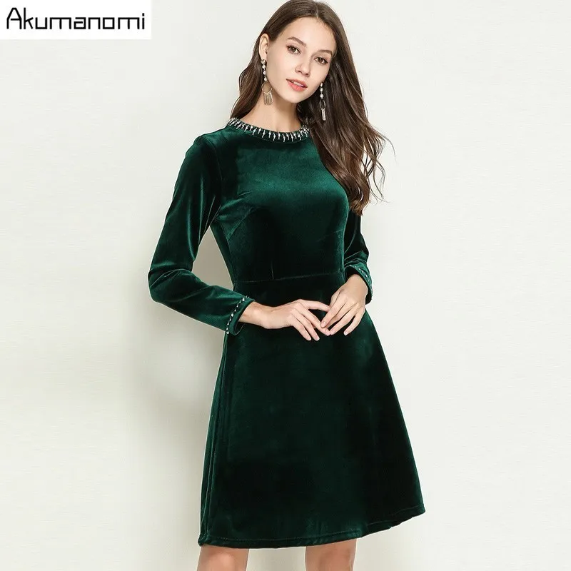 Autumn Velvet Velour Sequin Dress Women Clothing Green Black Beading O ...