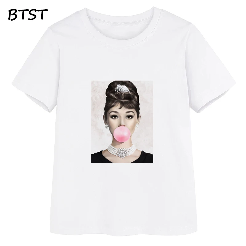 

Audrey Hepburn Pink Bubble Women Clothes Funny T-shirt 100% Cotton Harajuku Streetwear Punk Woman Clothes Gothic Tops 90s