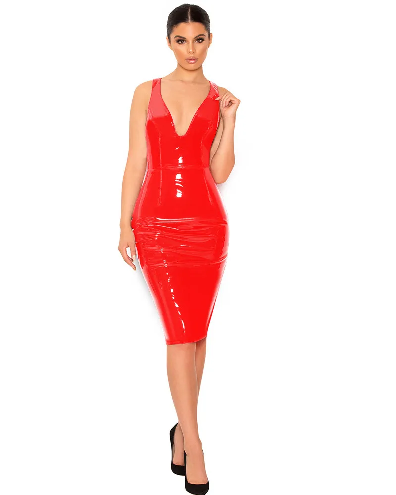Женское сексуальное блестящее платье из ПВХ красного и черного цвета на молнии, Клубная одежда из искусственной кожи с глубоким v-образным вырезом
