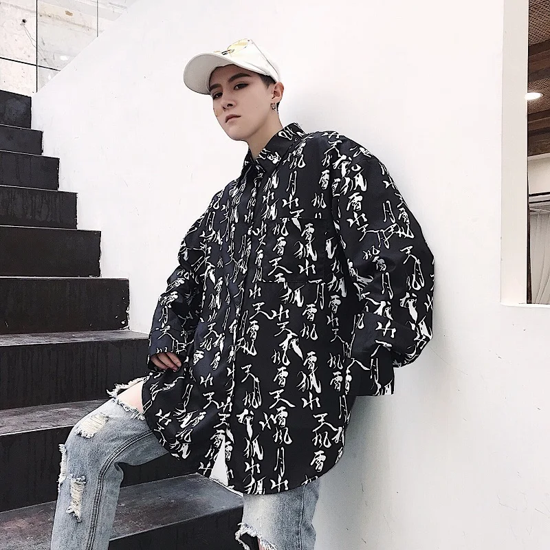

2019 Spring New Korean Version Of The Campus Wind Long Sleeve Couple Loose Single-breasted Text Printing Casual Fashion Shirt
