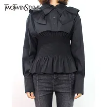 Twotwinstyle camisas pretas blusa feminina gola babados manga longa túnica topos feminino tamanho grande estilo coreano 2020 primavera novo(China)
