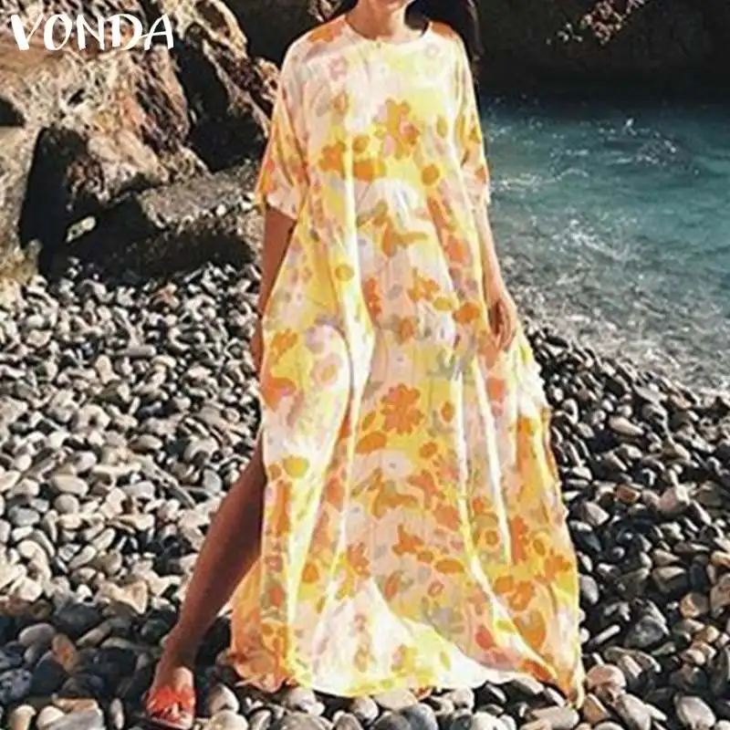 

VONDA Plus Size Maxi Dress Women Bohemian Floral Print Vestido 2019 Summer Causal Loose O Neck Beach Dress Holiday S-5XL