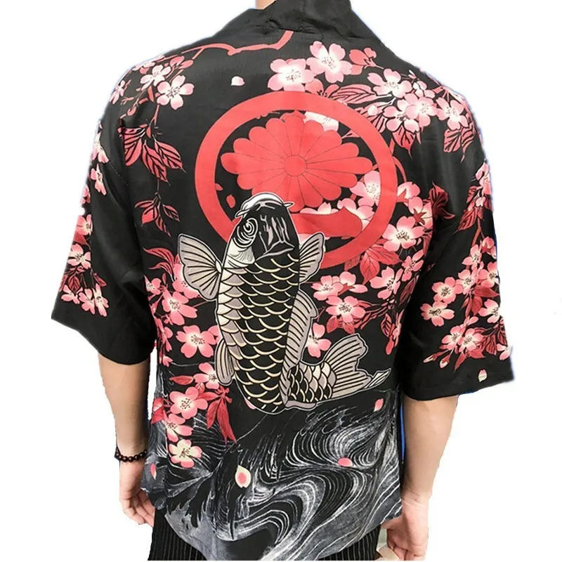 Японские кимоно кардиган рубашка Для мужчин Сакура Карп печати Половина рукава Открыть стежка Блузки Мужской праздник защита от солнечных