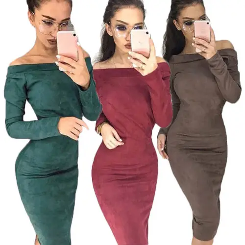 

Women's Off Shoulder Long Sleeve Bodycon Evening Party Dress UK