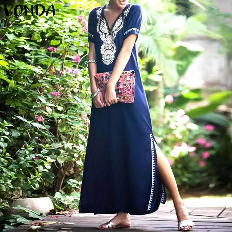 

Vintage Printed Dress 2019 VONDA Summer Women V Neck Short Sleeve Split Long Maxi Dresses Casual Sexy Vestidos Plus Size
