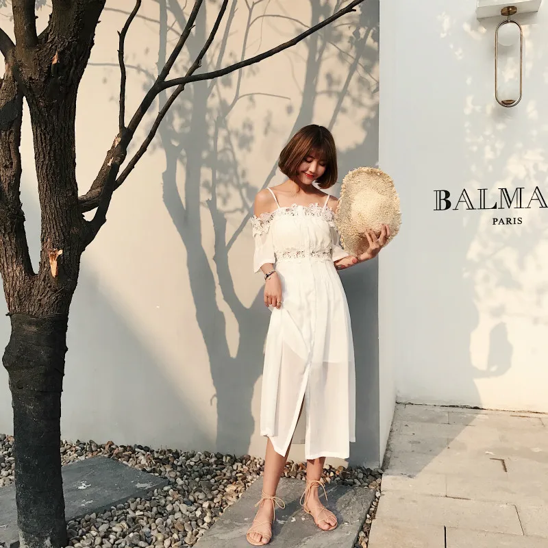

Sweet Spaghetti Strap Shoulder Lace Split Joint Hollow Loose Mid-calf Dress Women 2019 Summer Long Chiffon Floral White Dress