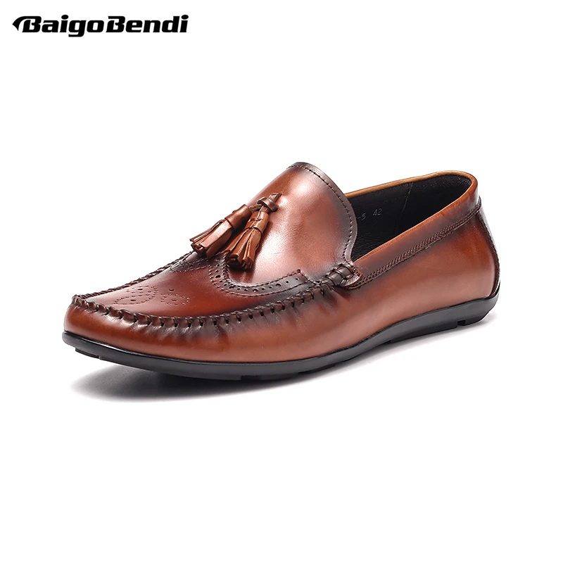 

Hight Quality Fashion Carving Loafers Men Full Grain Leather Soft Tassel Boat Shoes Man Slip On Fringe Driving Car Shoes Summer