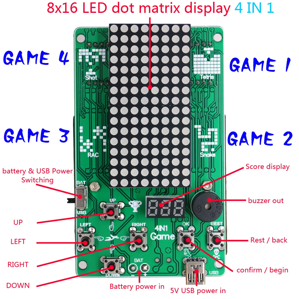  Electronic DIY Kit 8x16 Dot matrix game machine for Tetris/Snake/Shot/Racing Diy Kit Electronic