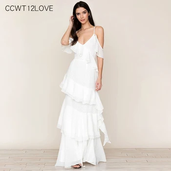 

Chic French Dress Elegant 2019 Fairy Sleeveless Multi Layer Dress Summer White Floor Length V Neck Backless Chiffon Dress Maxi