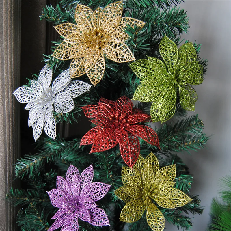 

Fashion 10 Pcs Glitter Beautiful Christmas Hollow Flowers Party Xmas Tree Decorations Ornaments