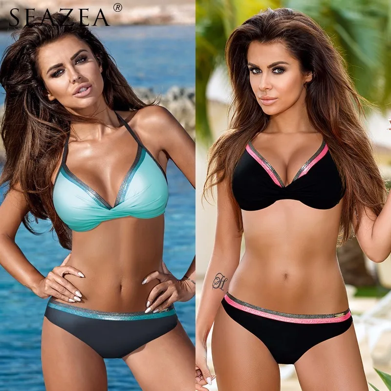 

Seazea 2019 Sexy New Bikini Set Solid Bikinis Push Up Swimsuit Women Bordered Swimwear Plus Size Bathing Suit Halter Biquini