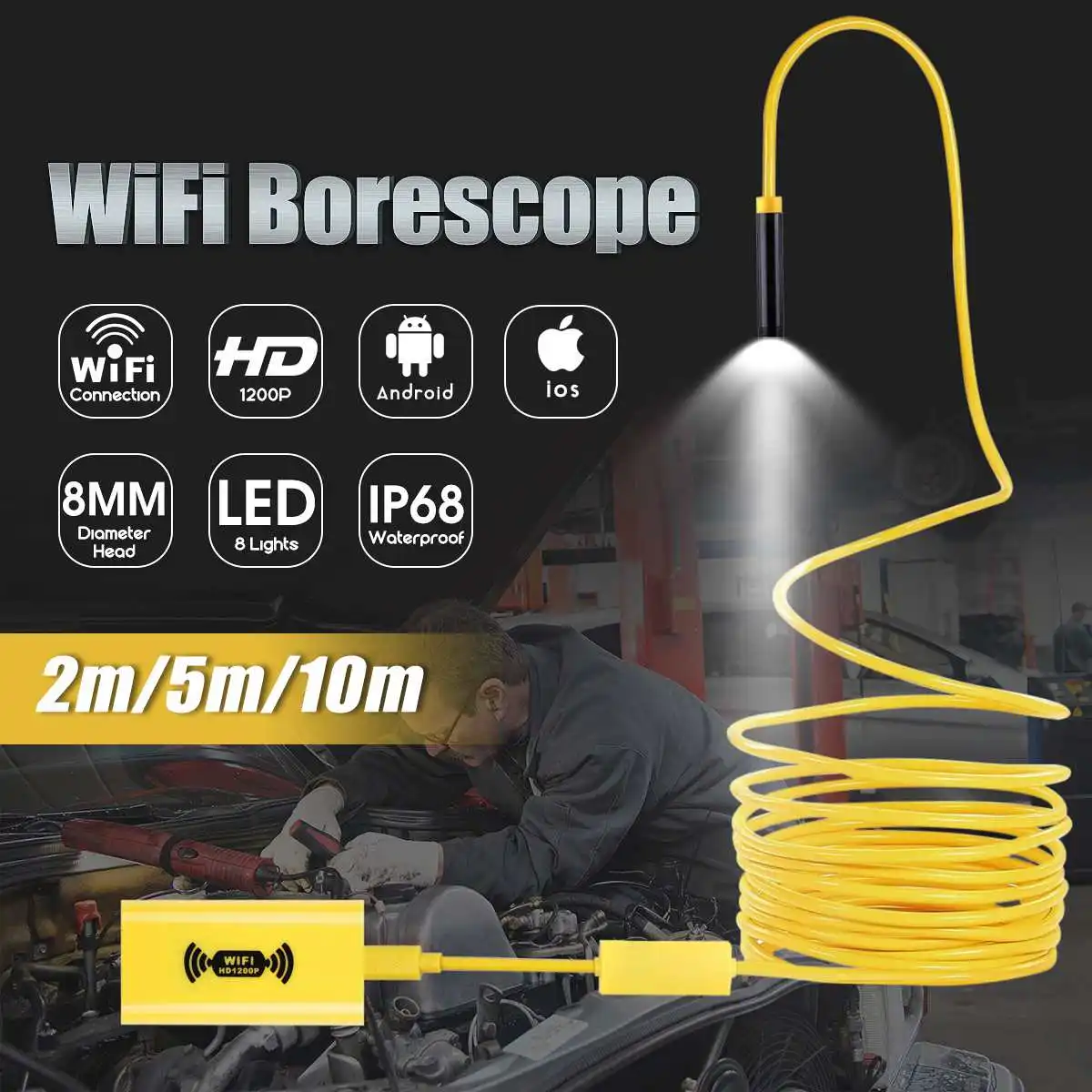 2/5/10M USB WIFI Endoskop 8mm 1200P HD Inspektionskamera für iPhone Android PC 