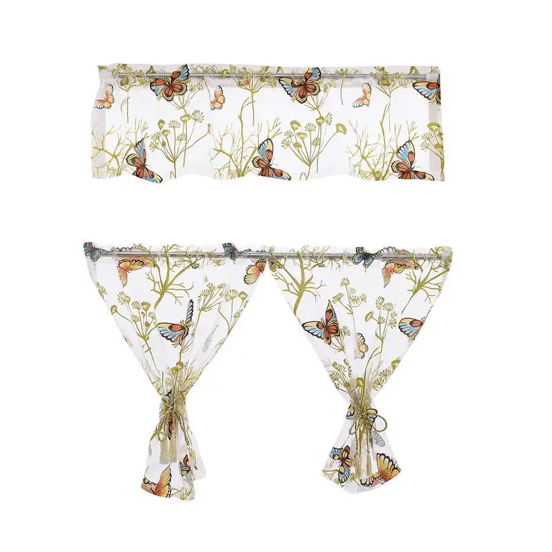 

3PCS Fashionable Curtains Set Kitchen American Style See-through Curtain Casual Semi Sheer Valances For Windows