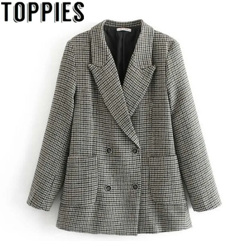 

2019 Winter Women Plaid Blazer Coat Houndstooth Pattern England Style Vintage Retro Jackets and Coat