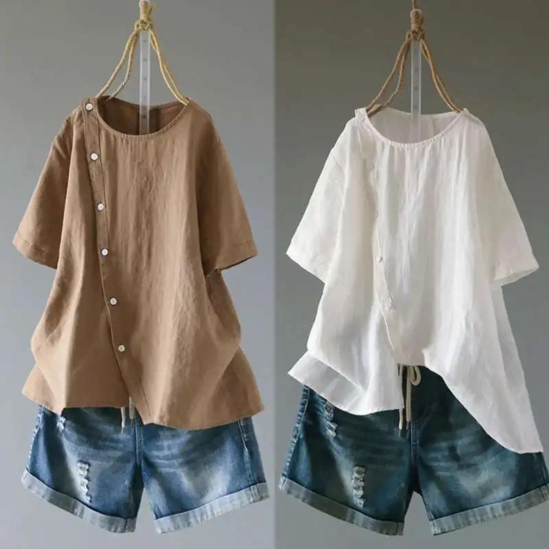 

Casual Summer Women's Linen Blouse Asymmetrical Top Kaftan ZANZEA 2019 Female Short Sleeve Shirts Button Chemise Plus Size Tops