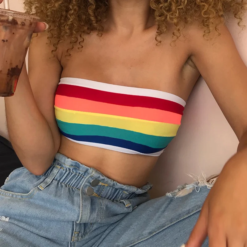 

Summer Women Sexy Strapless Tube Crop Tops Off-shoulder Tops Rainbow T shirt
