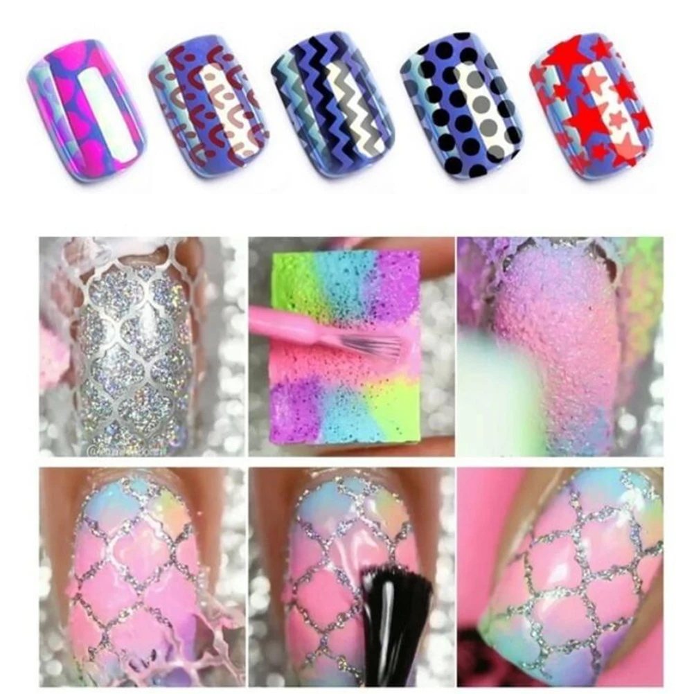 

24 Sheets Mixed Color DIY Nails Stamping Template Nail Stickers Irregular Grid Stencil Reusable Nail Art Vinyls Hollow Stickers