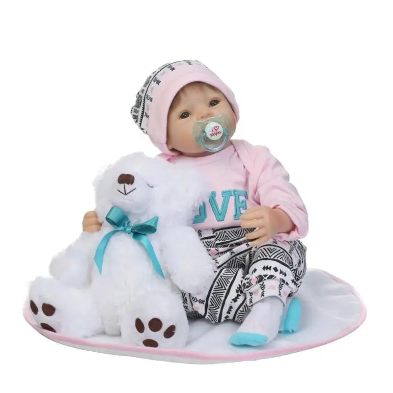 

55cm NPK Lovely Soft Simulation Silicone Reborn Baby Doll With 1PC White bear Kids Sleeping Playmate Toys Set For Children