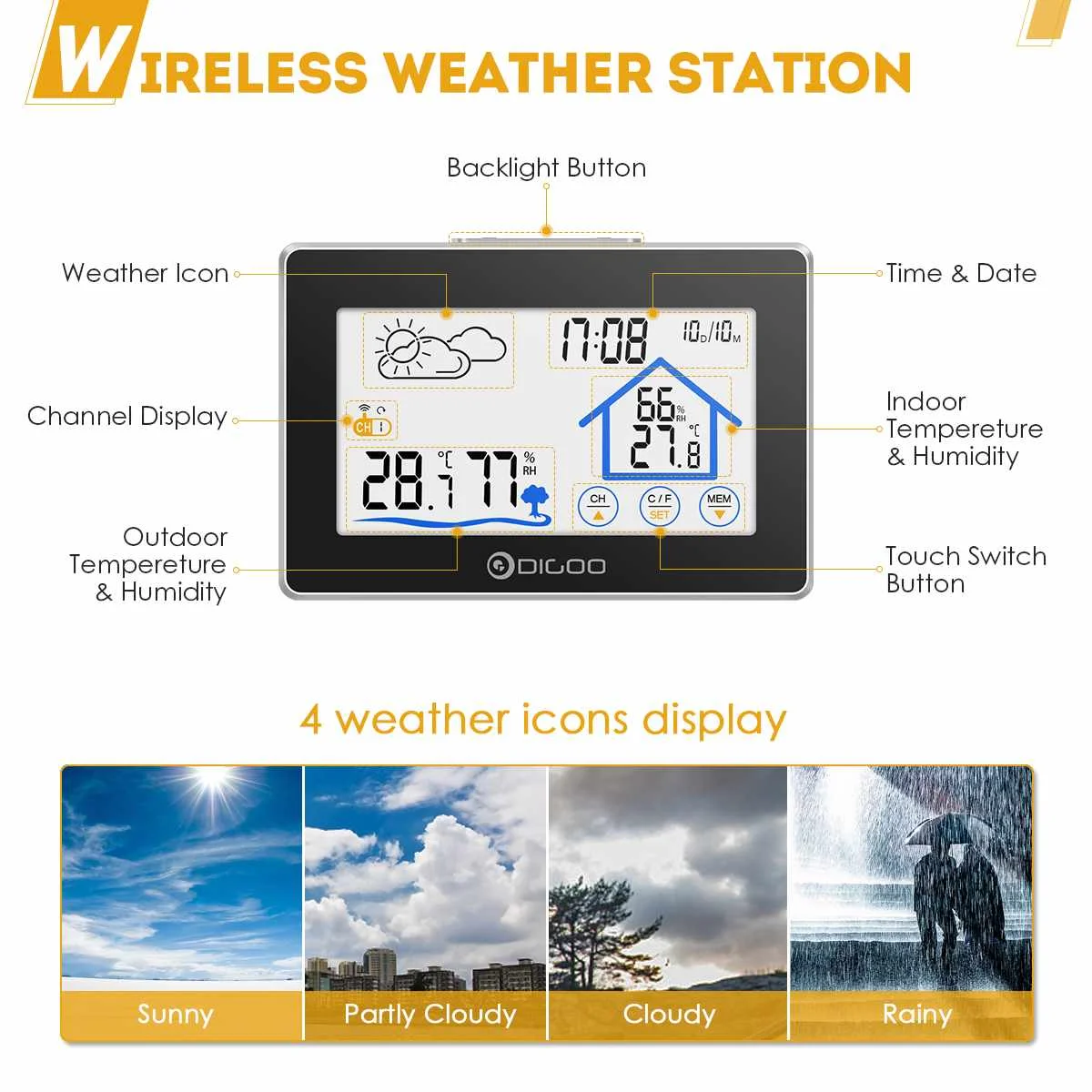 Digoo DG-TH8380 Color Screen Weather Station  Indoor Outdoor Sensor Thermometer hygrometer meter Forecast Sensor 3CH ► Photo 2/6