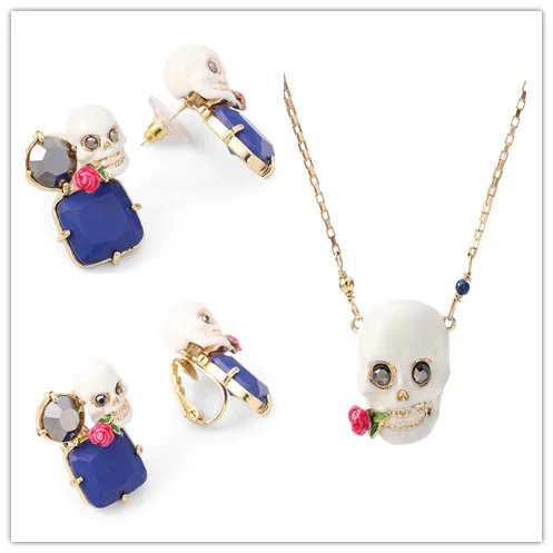 

free shipping Enamel glaze Skull flower earrings ear clip necklace