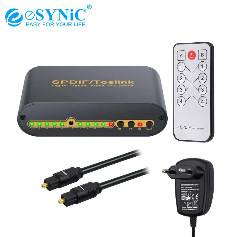 

Esynic SPDIF/TOSLINK Optical Digital Audio 4x2 Switch Switcher with Optical Cable with Remote Control Support DTS-HD LPCM2.0
