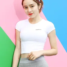 Женский спорт, Фитнес футболка летом тонкий стрейч Йога рубашки Короткие топы быстросохнущая Сжатия Работает Костюмы