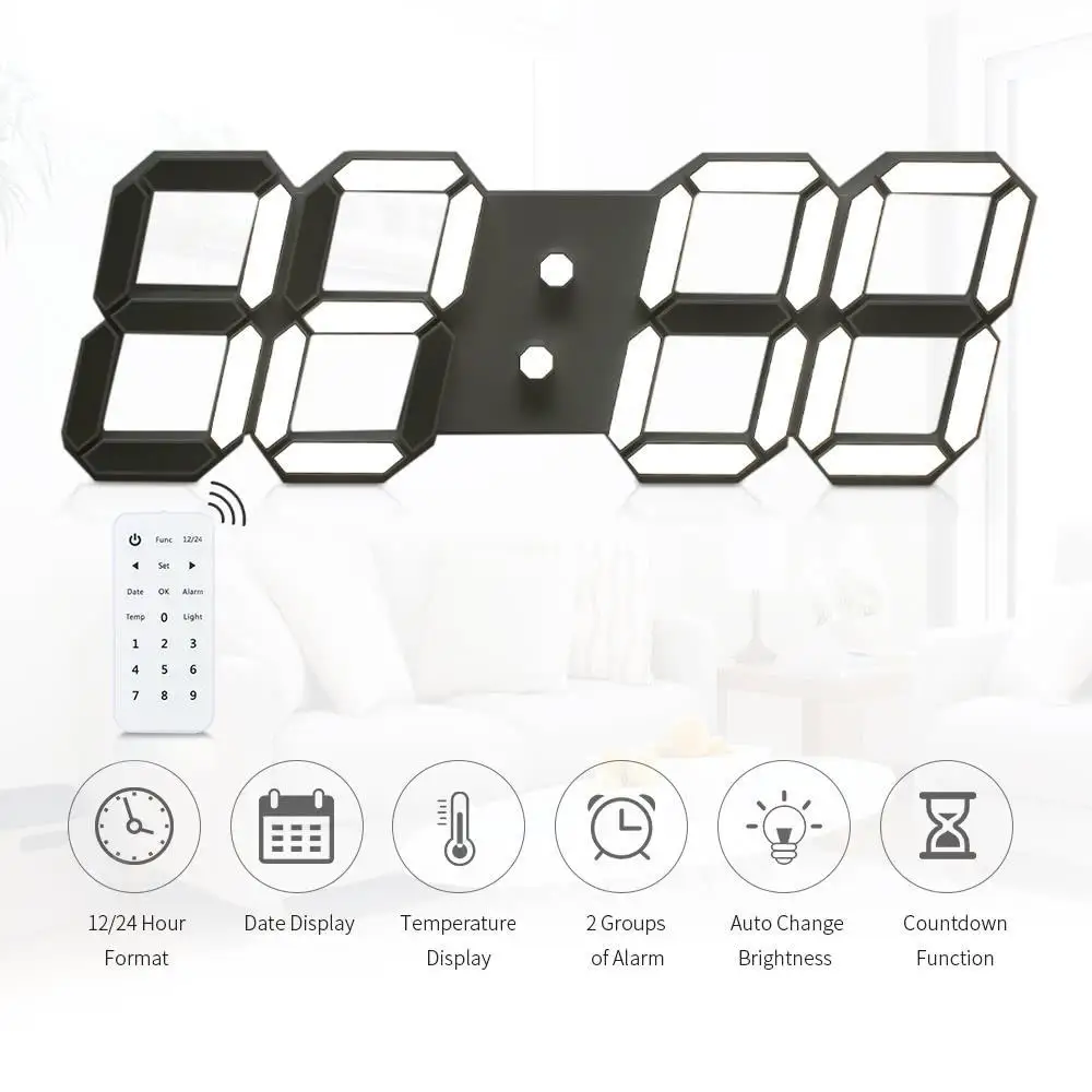 

Adeeing 3D Large Black Shell Digital Wall Clock with Remote Control European Regulation
