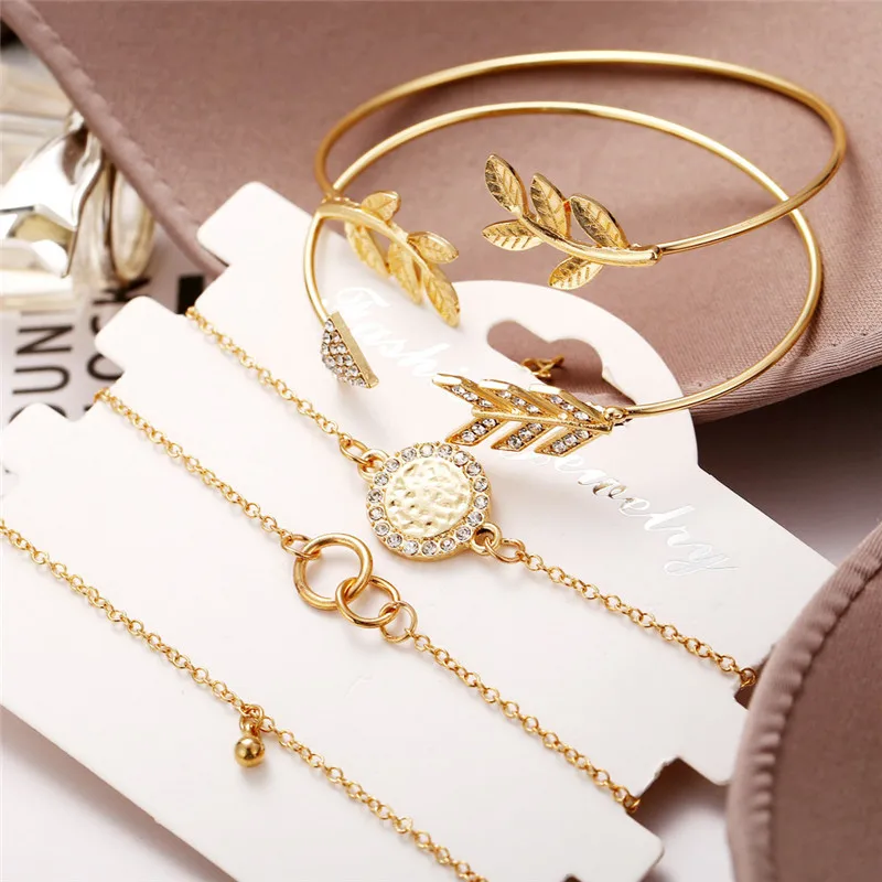 

5 Pcs/ Set Punk Crystal Bracelet For Women Jewelry Bracelets Golden Chain Multilayer Bracelet Set Leaf Arrow Bracelets Female Gi
