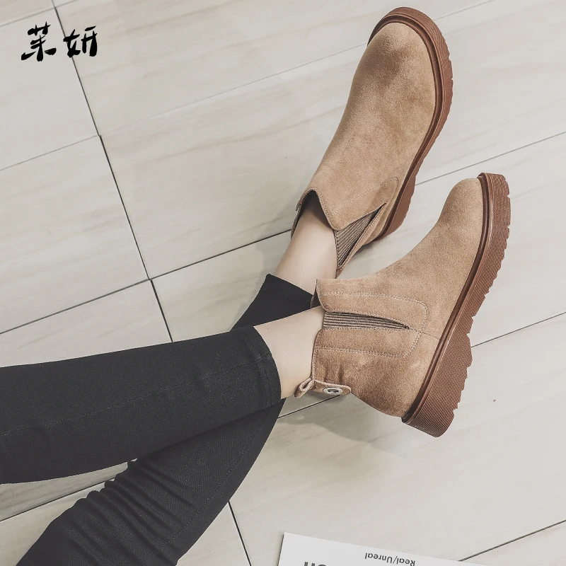 

Boots Women Elastic Band Female Motorcycle Boots Slip On Round Toe Martin Casual Boots Plus Size British Style 2019 New