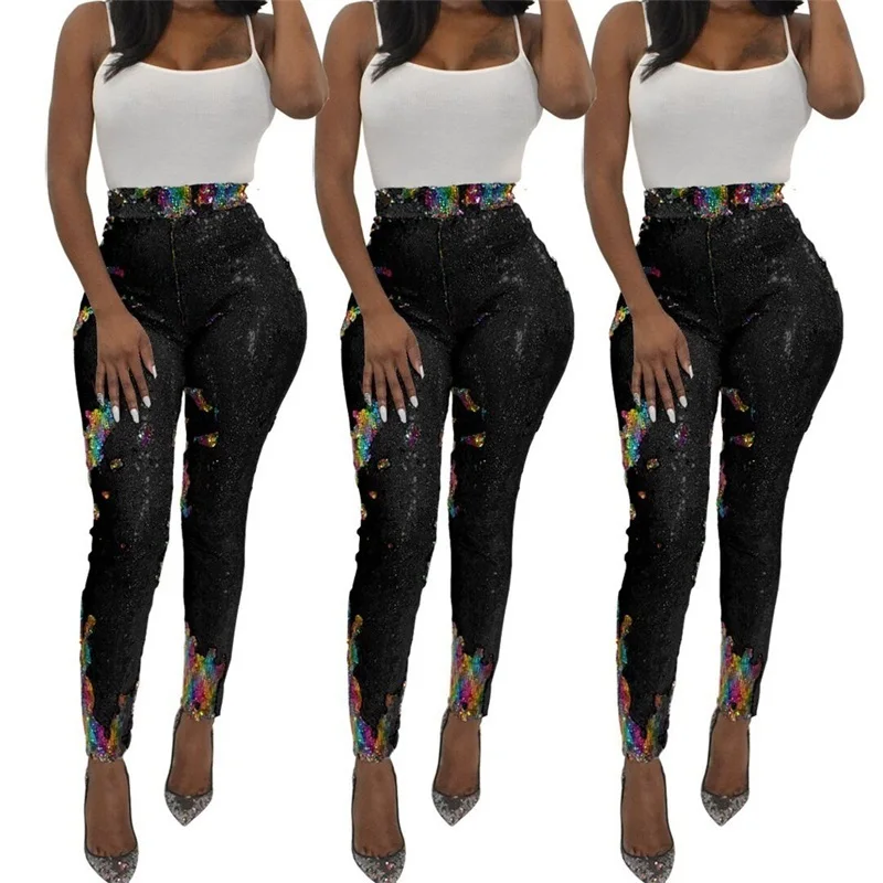 Metálico Alta Lápiz Pantalones Cintura azul Cremallera Lentejuelas Brillo Las silver Mujer Negro De Pitillo Mujeres qSRzzPtd