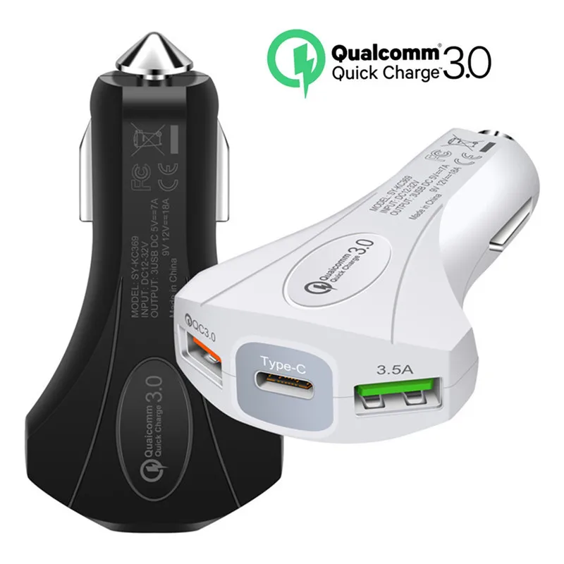 

SOONHUA QC 3.0 Car Phone Charger 40W 7.0A Dual USB With Type-C Quick Charge For iPhone Xiaomi