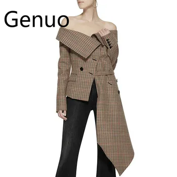 

Off Shoulder Plaid Blazer Female Jacket Slash Neck Long Sleeve Irregular Hem Plus Size Women's Coats Autumn Fashion