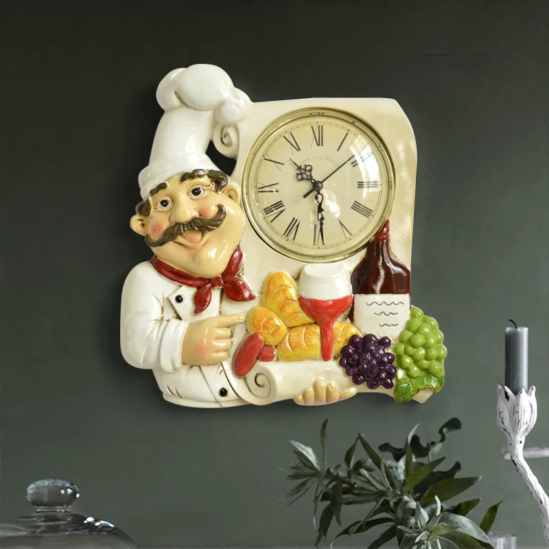 Reloj de pared Vintage decoración del hogar resina Chef estatua reloj silencio cuarzo reloj para sala de estar cocina pared decoración reloj colgante Reloj de pared Vintage decoración del hogar resina Chef estatua reloj silencio cuarzo reloj para sala de estar cocina pared decoración reloj colgante
