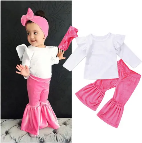

Newborn Toddler Infant Baby Kid Girl Long Sleeve Clothes Sets Fashion Clothes Tops Bell-Bottomed Pants Headband 3Pcs Outfits Hot