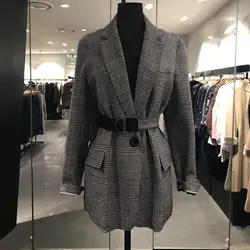 2019 демисезонный корейский для женщин плед повседневное Пиджаки для средней длины ремень Женский Винтаж куртки-блейзеры Jc2739