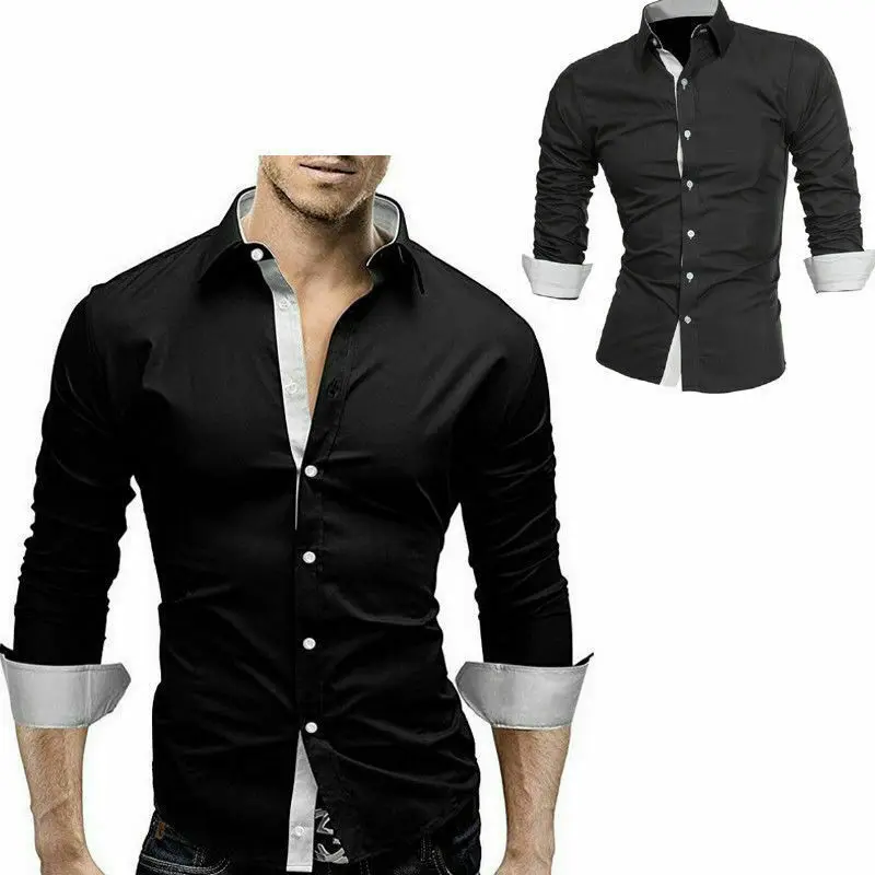 

Mens Luxury Slim Fit Long Sleeve Cotton Shirt Solid Casual Button Business Office Work Dress Shirt Black Blue White